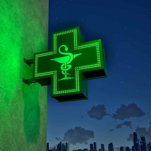 Rendu Croix Pharmacie boitier Alu Double leds - Nuit