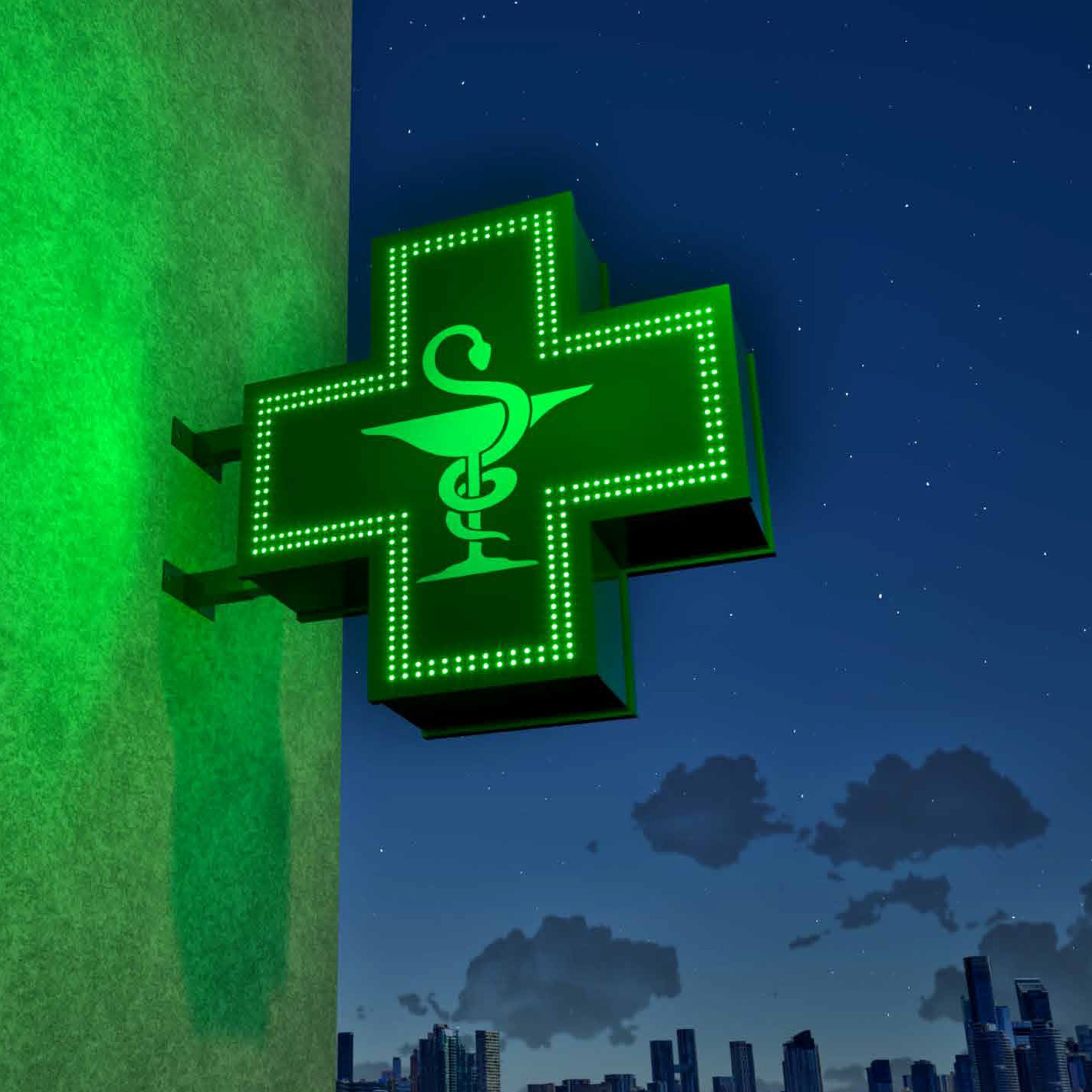 Rendu Croix Pharmacie boitier Alu Double leds - Nuit